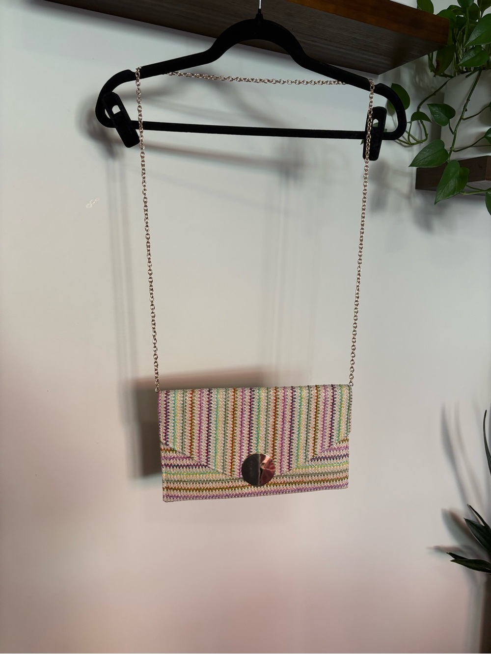 Multicolor Woven Chain-Strap Clutch with Gold-Tone Accent